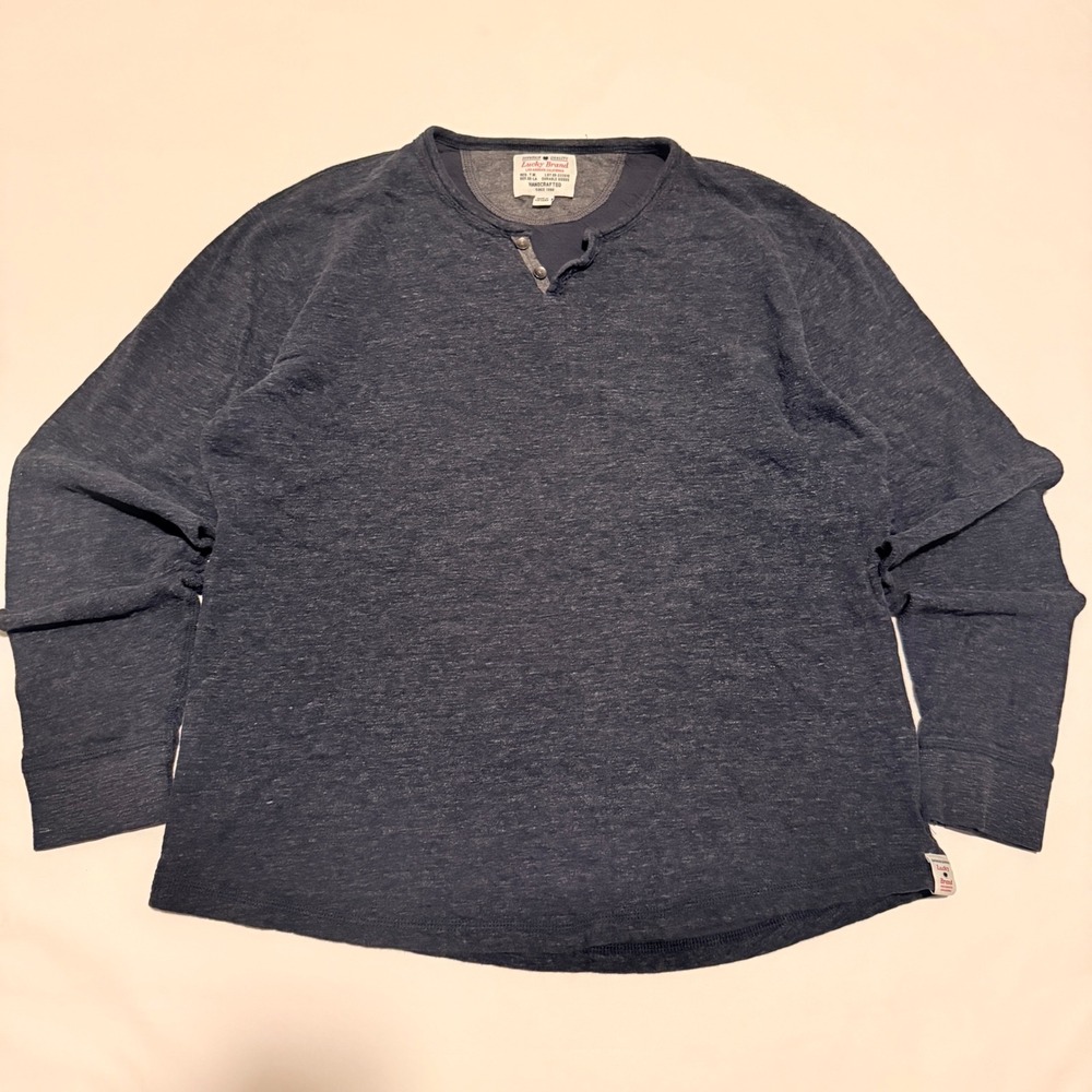 Lucky Brand Henley Mens Large Blue Long Sleeve Heathered Curved Hem Shirt